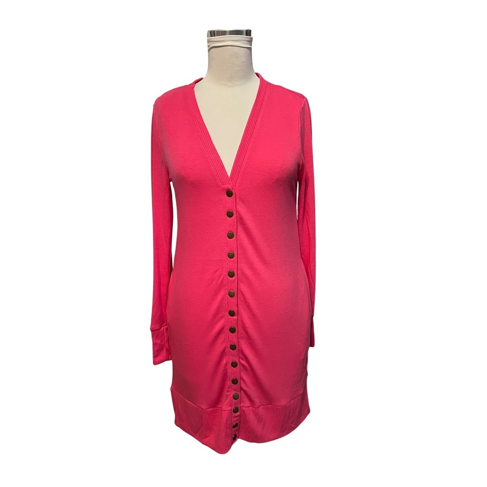 Zenana Women Hot Pink Button Front Longline Cardigan Dress Pockets medium